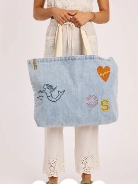 Denim Patch Tote Bag with Heart & Letter S - Light Blue
